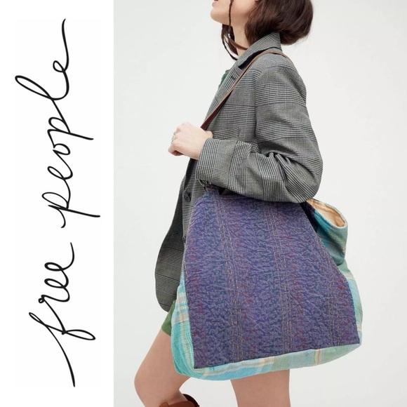 Free People Winnie Washed Leather Strap Quilted Boho Mixed Media Plaid Tote Bag - Picture 1 of 16